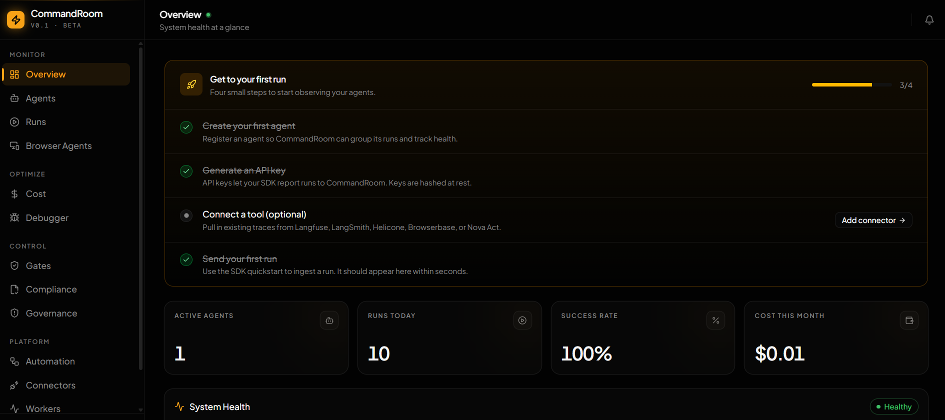 CommandRoom dashboard showing agent runs, cost timeline, and Human Gates